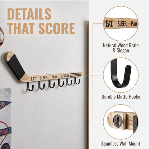 Premium Quality Top Tier Solid Wood Hockey Stick Wall Mounted Coat Rack Featuring Six Heavy Duty Hooks showcasing natural wood grain and hooks.