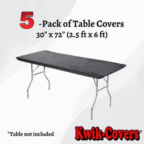 Five Pack Black 6 Foot Plastic Table Covers 30 By 72 Inches To Fit Banquet Tables With Elastic Corners And 4 Inch Adhesive Backing