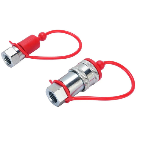 Kick Ass Hydraulic Quick Connect Coupler Set One Quarter Inch NPT ISO7241A Hardened Steel Built 4000 PSI High Pressure Rated With Dust Caps For Tight No Leaks Connections On Heavy Equipment Or Tractor Jobs Guaranteed Solid Performance.