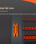 Metal file box for storing drawings, moisture-proof and anti-fouling, side view with bright orange design