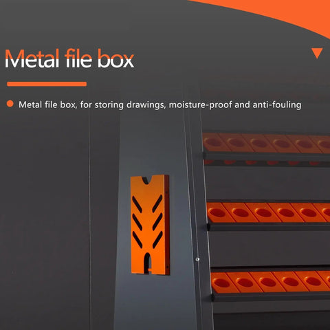 Metal file box for storing drawings, moisture-proof and anti-fouling, side view with bright orange design