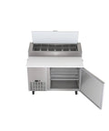 Commercial 13.8 Cu Ft Single Door Pizza Refrigerator With Slick Digital Temperature Control And Beefy Stainless Steel Build viewed from above with open lid.