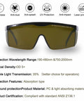 All Day Comfort Broad Spectrum Laser Safety Glasses Eye Protection OD 5 Plus For 190nm To 480nm And 750nm To 2000nm; front view