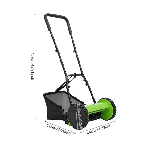 Push Reel Lawn Mower With Five Steel Blades, walk-behind manual grass cutter with grass bag, 109cm tall