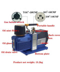 Heavy Duty Two Stage Vacuum Pump With Automatic Refill Kit, 15 Cfm 3/4 Hp side view showing features and specifications.