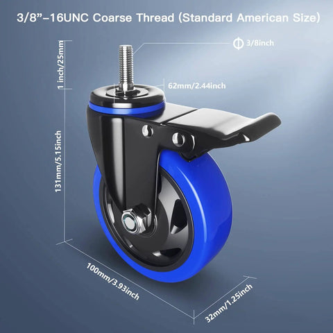 Beefy Heavy Duty 4 Inch Stem Caster Wheels With Dual Locking 2200 Lb Capacity 3/8-16 UNC Threaded Stem swivel caster close-up
