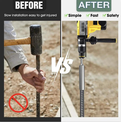Comparison of manual hammering vs. using Ground Rod Driver For SDS Plus Rotary Hammer Bits 5/8 Inch And 3/4 Inch with a drill.