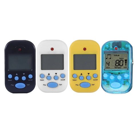 Four Clip On Pocket Metronomes With LCD Display Portable Digital Beat Generators in various colors, for music practice and rhythm training.