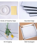18 Piece 12x12 Inch Mirror Tiles For Wall Or Door DIY kit with tape, showing rounded edge, HD imaging, and packaging.