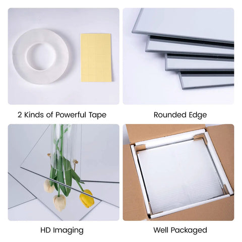 18 Piece 12x12 Inch Mirror Tiles For Wall Or Door DIY kit with tape, showing rounded edge, HD imaging, and packaging.