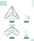 Real Deal 24 Piece Clear Acrylic Corner Bracket Kit detailed size view showing triangle and connectors for woodworking.