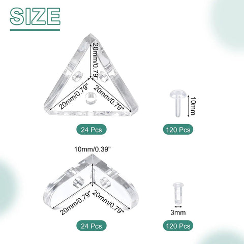 Real Deal 24 Piece Clear Acrylic Corner Bracket Kit detailed size view showing triangle and connectors for woodworking.