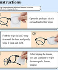 Amazon Pre-Moistened Lens Cleaning Wipes instruction panel with glasses and wipe; step-by-step multicolor visuals.