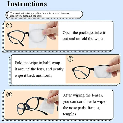 Amazon Pre-Moistened Lens Cleaning Wipes instruction panel with glasses and wipe; step-by-step multicolor visuals.