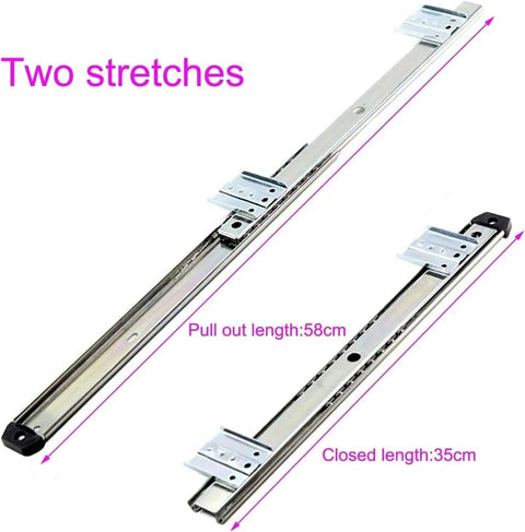 Full Extension Drawer Slides 2 Pack Silent Smooth Ball Bearing Rails with collision stop showing closed and extended lengths