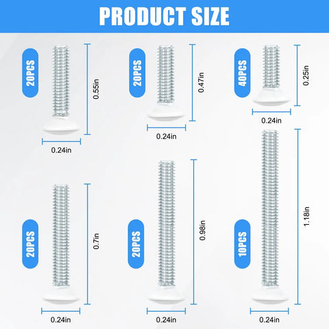 130 Pack White Outlet Screws Set For Wall Plates And Switch Plates With 6-32 Thread Includes Long Screws In 3/8 9/16 3/4 1 1/2 1-1/4 Inch Rust-Resistant Steel Slotted Oval Head Wear-Resistant Finish showing different screw sizes