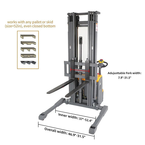 No Sweat Full Electric Stacker Forklift showing adjustable forks with 7.9-31.5 inch width, 3300 lb capacity, and clear dimensions.