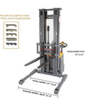Heavy Duty Electric Pallet Stacker Featuring A Killer 3300 Pound Lift And A Rock Solid 220 Inch Reach Crafted For Fast Warehouse Work and adjustable fork width display.