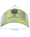 M6 Half Moon Nuts 12 Pack, 5mm Hole Diameter, Top Shelf Alloy Steel Fasteners With Rust Resistant Coating close-up with dimensions
