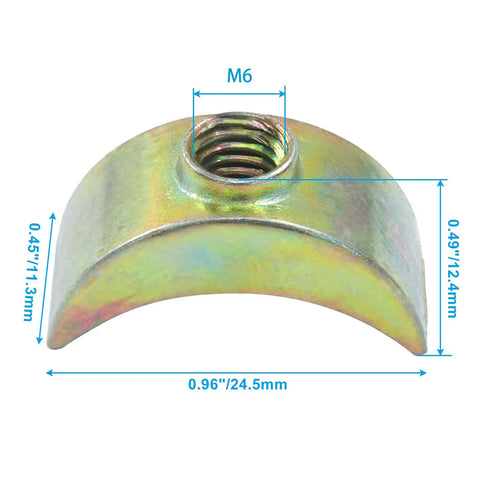 M6 Half Moon Nuts 12 Pack, 5mm Hole Diameter, Top Shelf Alloy Steel Fasteners With Rust Resistant Coating close-up with dimensions
