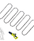 Super Sharp 6 Inch Mini Chainsaw Chain 5 Pack Compatible With Ryobi 18V Pruning Saw showing five chains and tool design.