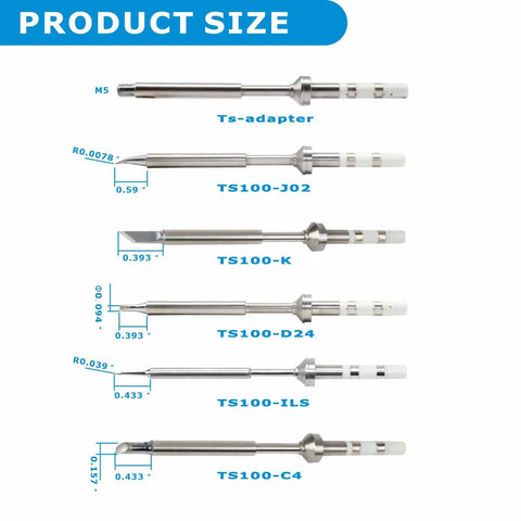 Diagram of Six Piece Pro Grade Soldering Tips Kit For TS100 TS101 And Pinecil V2 Soldering Iron with size measurements.