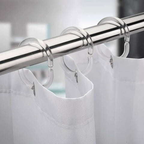 48 Pack Plastic Shower Curtain Hooks For Bathroom Rods, Smooth Glide Curtain Hangers, easy install rings holding a white curtain