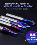 Knockout Five Piece Cnc Wood Carving Router Bit Set With Slick Nano Coated Solid Carbide Blades For Engraving And V Grooves crafted in solid carbide.