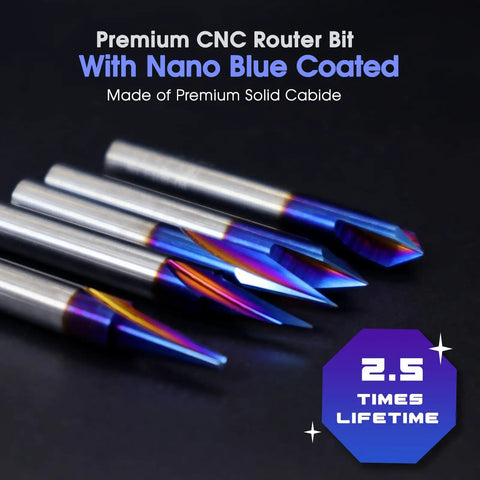 Knockout Five Piece Cnc Wood Carving Router Bit Set With Slick Nano Coated Solid Carbide Blades For Engraving And V Grooves crafted in solid carbide.