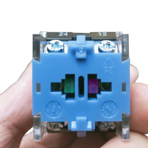 Close-up of Two Pack Heavy Duty Latching Rotary Selector Switch With 110V LEDs, 22mm Panel Mount, showing blue casing and wiring.