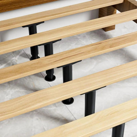 Two Pack Adjustable Bed Frame Support Legs Heavy Duty Load Bearing Composite Furniture Feet shown under a wooden bed frame.