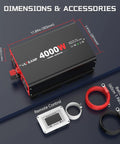 Heavy Duty 4000W Power Inverter Converts 12V DC To 120V AC With 8000W Peak Surge, remote control and cables included.