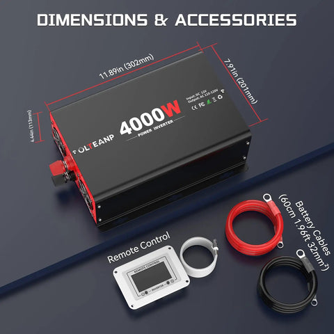 Heavy Duty 4000W Power Inverter Converts 12V DC To 120V AC With 8000W Peak Surge, remote control and cables included.