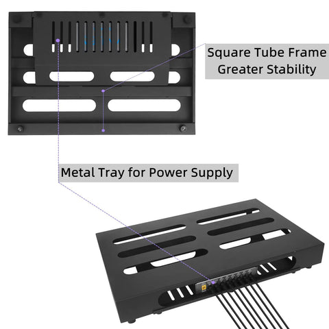 Top and angled side view of Gig Ready 18 By 11.8 Inch Guitar Pedal Board With Built In Power Supply Tray Durable Aluminum Build Rugged Black Finish SPB-18S