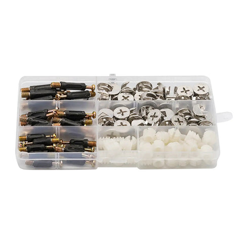 Box of assorted 3 In 1 Connector Bolt And Dowel Set With Preinserted Nut For Furniture Fittings Zinc Alloy Fasteners Screws And Expansion Hardware