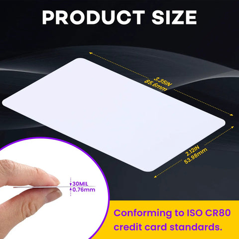 Top Shelf Blank PVC Cards CR80 Size White Plastic Zero Gripes Printing On Every Mainstream ID Badge Machine Thirty Mil Thick, showing dimensions 3.35in x 2.12in.