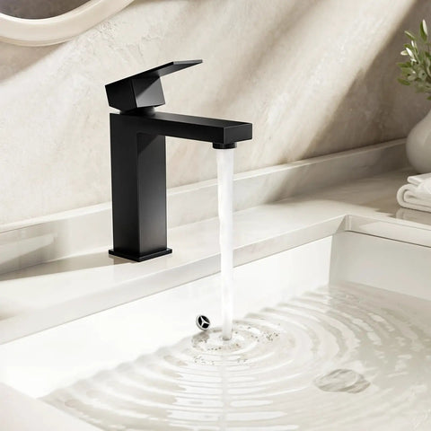 Black Single Hole Bathroom Faucet With One Handle Vanity Faucet Matte Finish For Sink 1 Hole Kit Includes Metal Drain Deck Plate Overflow And Water Supply Line No Hassle Install flowing into sink