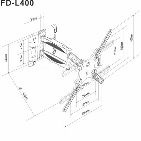 Diagram of Full Motion TV Wall Mount Bracket With Slick 90 Degree Swivel Arm Heavy Duty Steel Build, dimensions shown for installation.