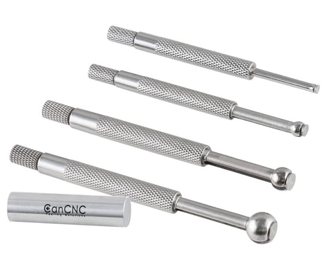 Four-piece ball-type hole gauge set with knurled steel handles; inch/mm sizes 1/8 to 1/2; CanCNC cap.