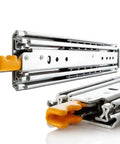 Heavy Duty Push To Open Drawer Slides With Soft Close Three Panel Fully Extendable Guides close-up, metal with orange detail