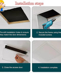 Top Shelf Aluminum Drywall Access Panel With Smooth Snap Shut Hatch installation steps with pre-drill holes and framing.