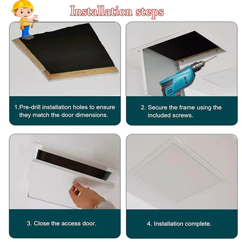 Top Shelf Aluminum Drywall Access Panel With Smooth Snap Shut Hatch installation steps with pre-drill holes and framing.