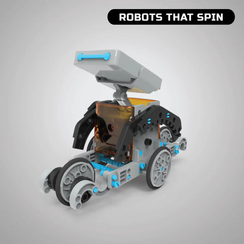 Solar Robot Creation Kit With 197 Pieces And 12 Real Working Robots From One Set, Solar Powered Motorized Engine, Gear System, Tires And Shafts, STEM Construction Playset For Ages 8 And Up assembled spinning robot model with wheels