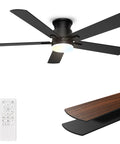 52 Inch Black Ceiling Fan With Lights, Flush Mount Hugger Design, Remote, 6 Speeds, 3CCT Dimmable, Reversible DC Motor