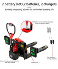 Heavy Duty Full Electric Pallet Jack with 3300 Lbs capacity showcasing dual battery slots and chargers for uninterrupted use.