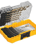 DEWALT 14-piece cobalt alloy drill bit set with pilot point in an open yellow plastic case