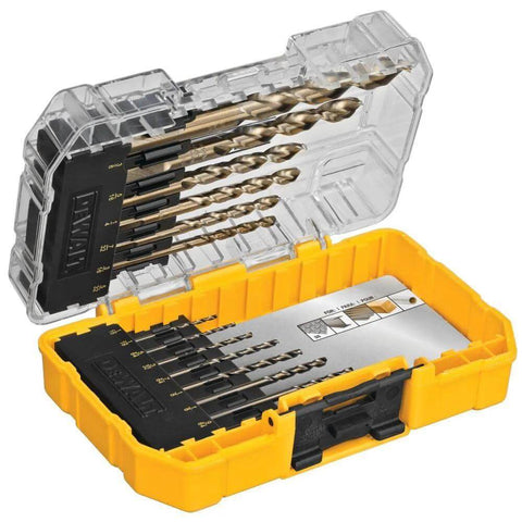 DEWALT 14-piece cobalt alloy drill bit set with pilot point in an open yellow plastic case