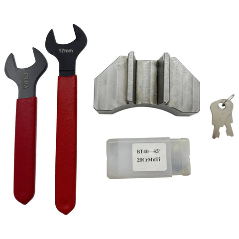 Top Shelf Er11 90 Degree CNC Angle Head Adapter For Milling Machines Featuring Bt50 Taper And 5000 Rpm tools including wrenches and a collet holder.