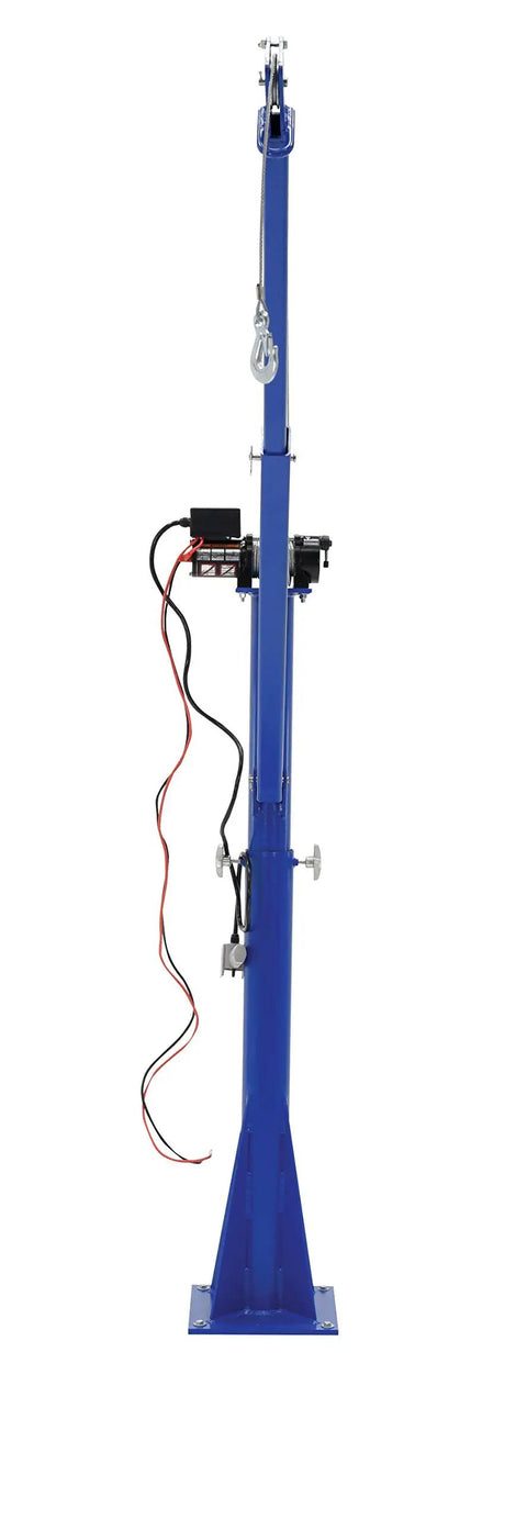 Side view of Supercharged 12V DC Powered Jib Crane with steel frame and electric motor for heavy lifting in tight spaces.