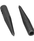 Top Notch Tapered Spindle Adapter Kit Holds Six Pieces For Bench Grinder And Buffer Polish Wheels Featuring Dual Thread Directions Plus Two Quick Grip Wrenches, two tapered steel spindles angled for polishing.